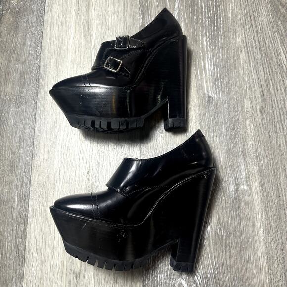Burberry Black Prorsum Leather Monk Double Buckle Platform Wedge - Picture 4 of 12
